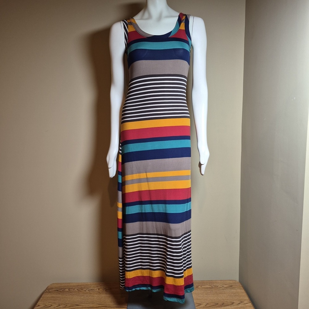 Multicolor Striped Sleeveless Maxi Dress Scoop Neck Jersey Knit Column Gown
